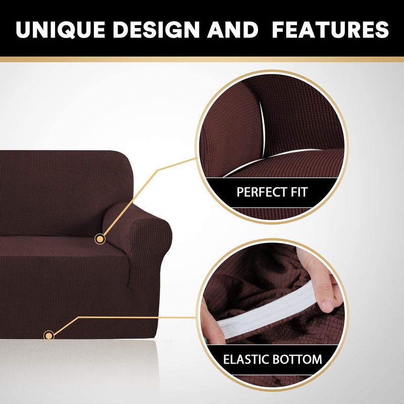 PrinceDeco Stretch Sofa Cover Slipcover Couch Covers for 3 Cushion Couch Furniture Protector Sofa Covers with Non Slip Elastic Bottom Dogs Pet Friendly Fitted (Sofa, Brown) - Image 3